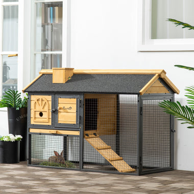 -PawHut 47" Rabbit Hutch Outdoor Bunny Cage with Run, Removable Tray, Ramp, 2 Story Wooden Rabbit House - Outdoor Style Company