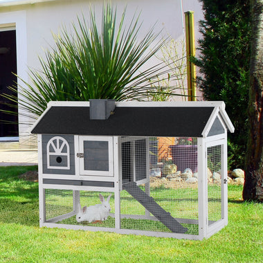 -PawHut 47"L Rabbit Hutch Bunny Cage with Waterproof Roof, Removable Tray, and Ramp, Outdoor, Grey & White - Outdoor Style Company