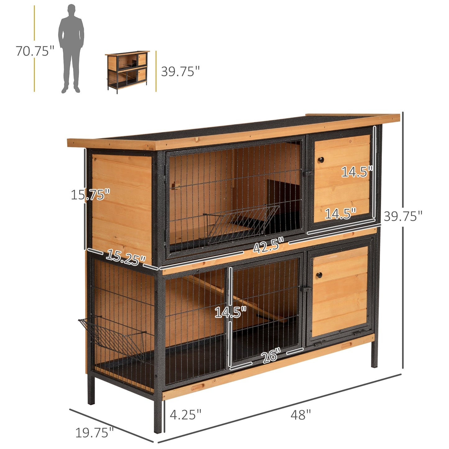 -PawHut 48" 2-Story Large Rabbit Hutch Bunny Cage, Wooden Pet House with Individual Room, Ramp, No Leak Tray, Feeding Trough & Asphalt Roof, Natural - Outdoor Style Company