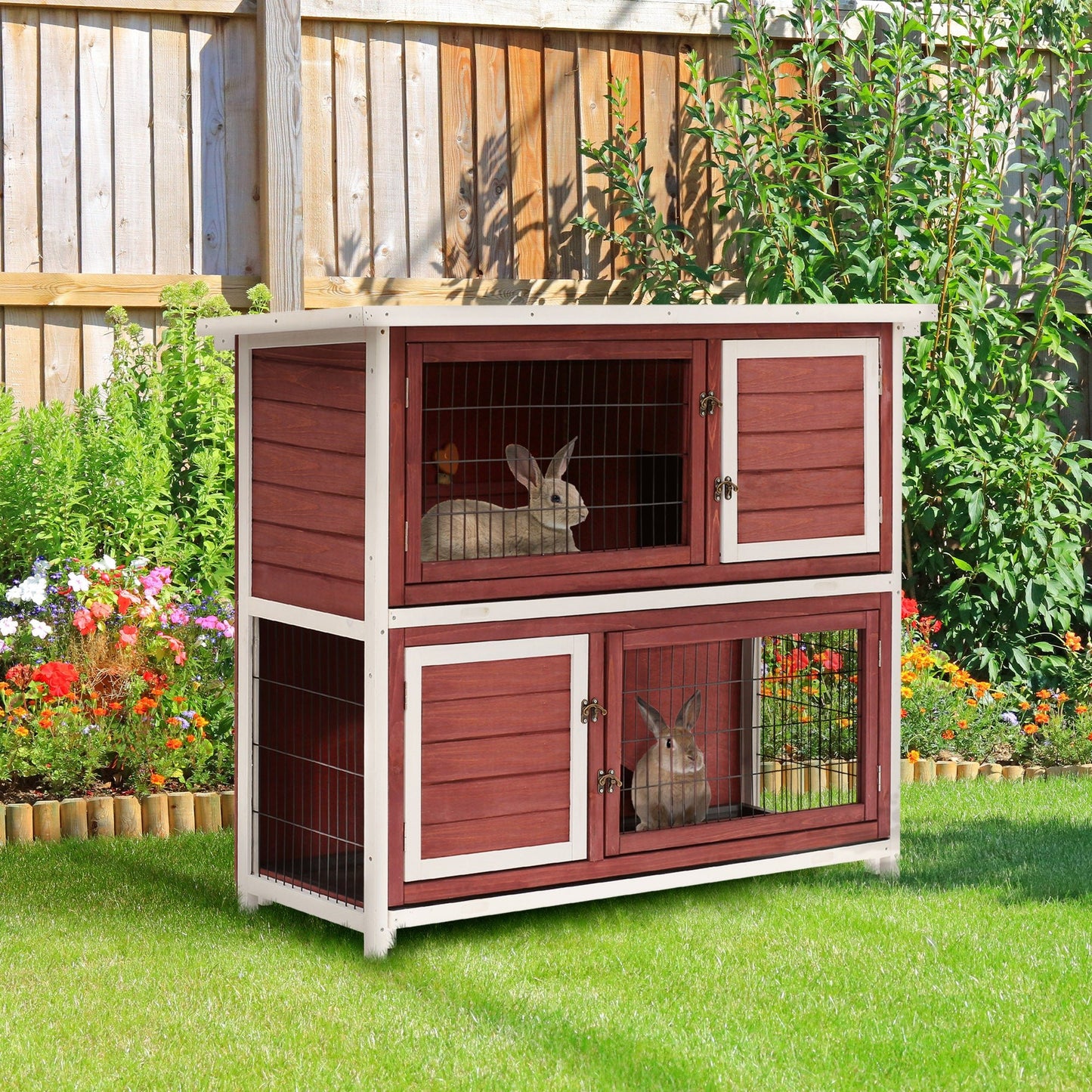 -PawHut 48" 2-Story Wooden Rabbit Hutch, Elevated Bunny Cage, Small Animal Habitat with Ramp, Tray and Openable Top, Outdoor/Indoor, Brown - Outdoor Style Company