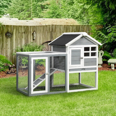 -PawHut 48" Wooden Rabbit Hutch Bunny Cage with Waterproof Asphalt Roof, Fun Outdoor Run, Removable Tray and Ramp, Gray - Outdoor Style Company