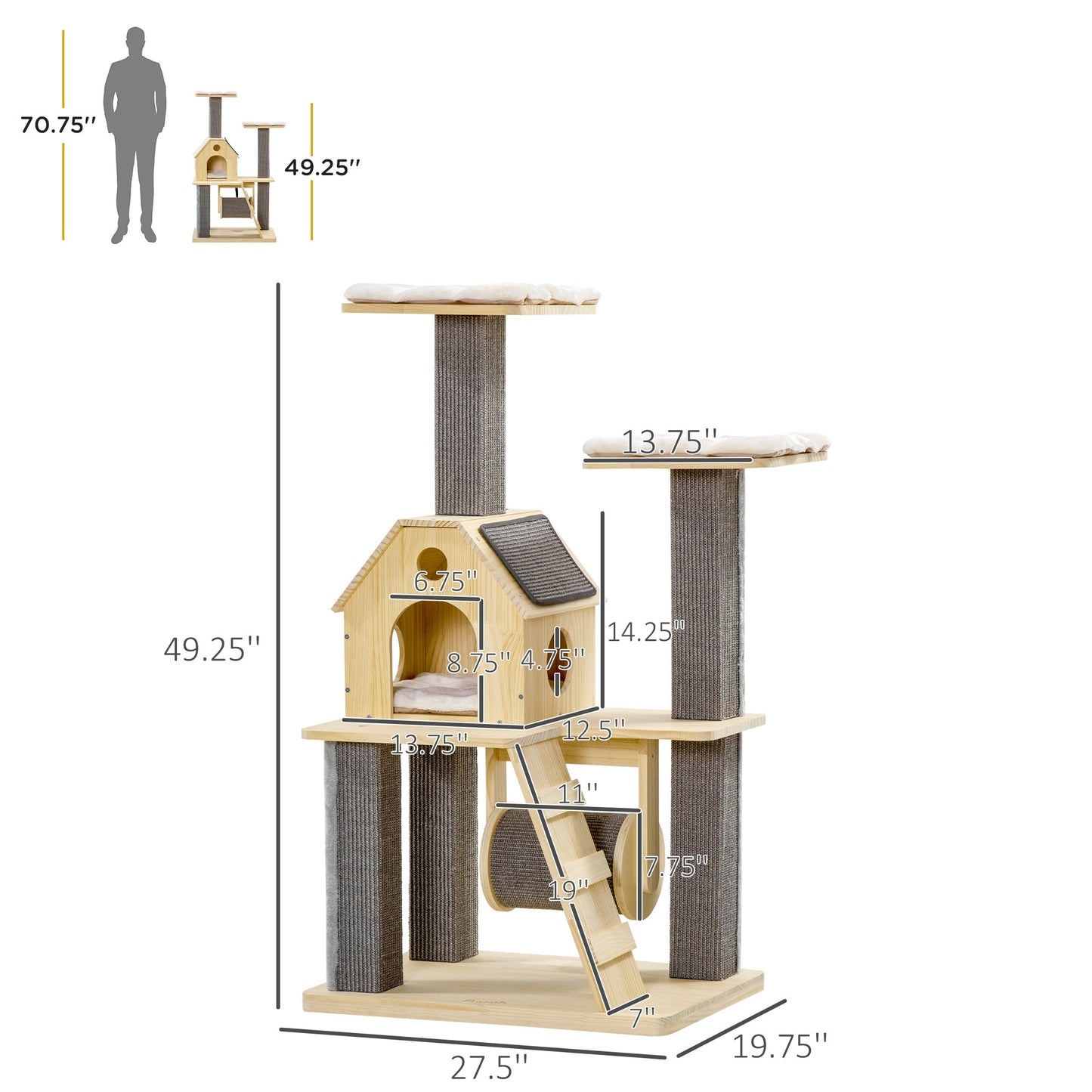 '-PawHut 49" Cat Tree, Kitty Activity Center, Wooden Cat Climbing Toy with Condo, Roller, Ladder, Cushions, and Sisal Scratching Post Pad, Natural - Outdoor Style Company