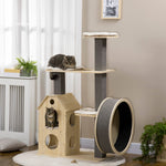 -PawHut 53" Cat Tree, Kitty Activity Center Cat Tower Climbing Pet Furniture with Running Wheel, Cat Bed, Cushions, Sisal Scratching Post, Natural - Outdoor Style Company