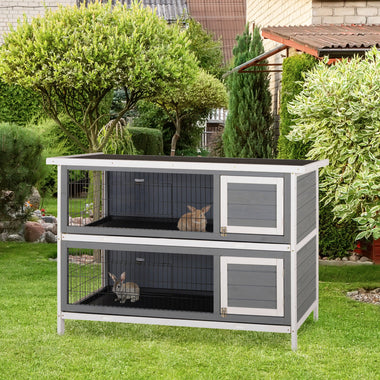 -PawHut 54" 2 Level Large Rabbit House Bunny Hutch with Lockable Doors, No Leak Tray and waterproof Roof for Outdoor, Dark Grey - Outdoor Style Company