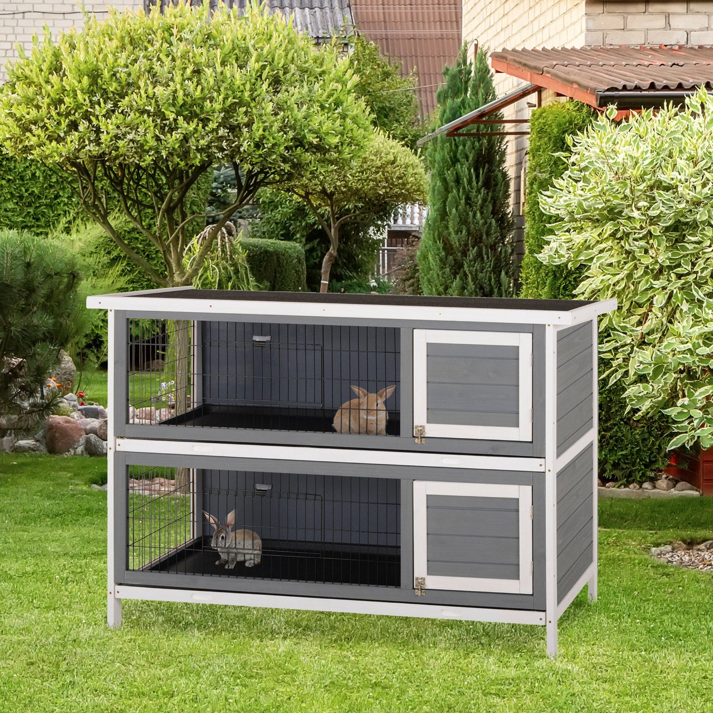 -PawHut 54" 2 Level Large Rabbit House Bunny Hutch with Lockable Doors, No Leak Tray and waterproof Roof for Outdoor, Dark Grey - Outdoor Style Company