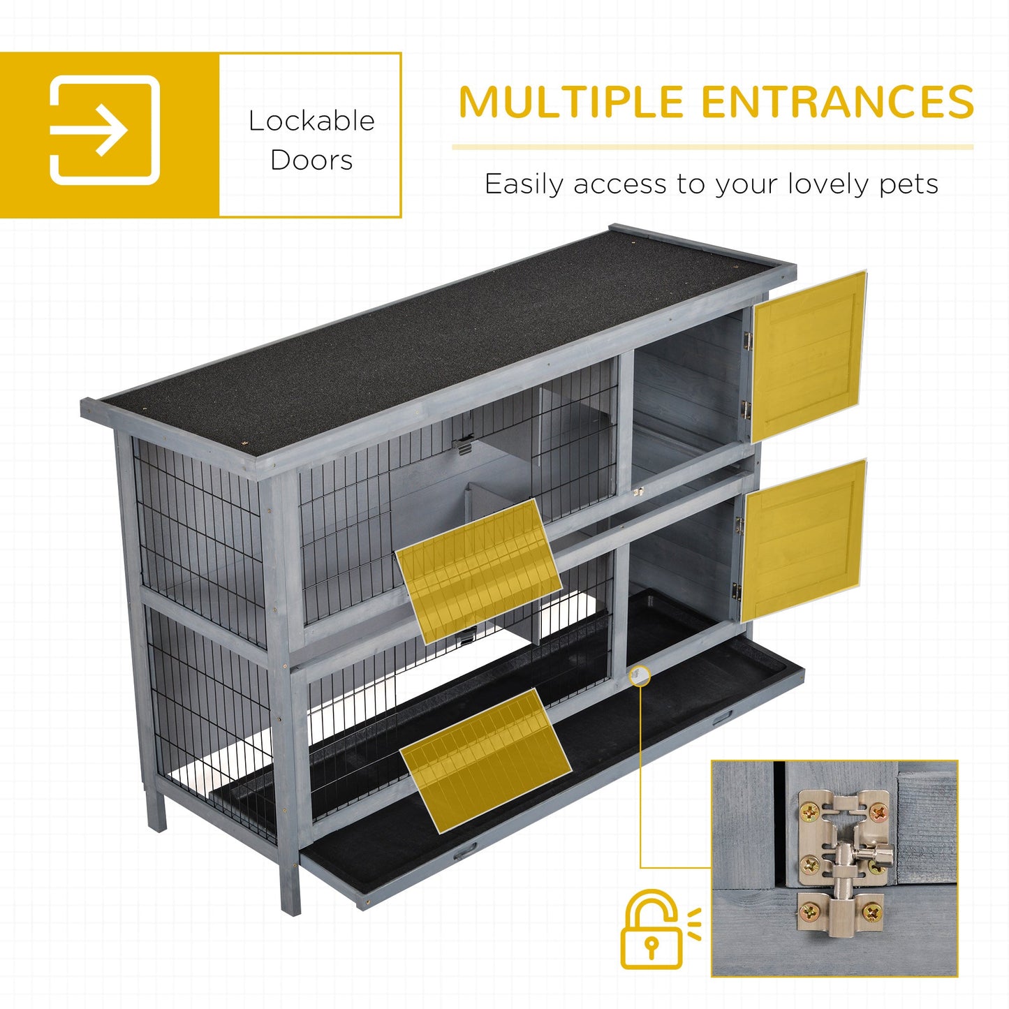 -PawHut 54" 2-Story Large Rabbit Hutch Bunny Cage, Wooden Pet House with Lockable Doors, No Leak Tray and waterproof Roof for Outdoor/Indoor, Gray - Outdoor Style Company