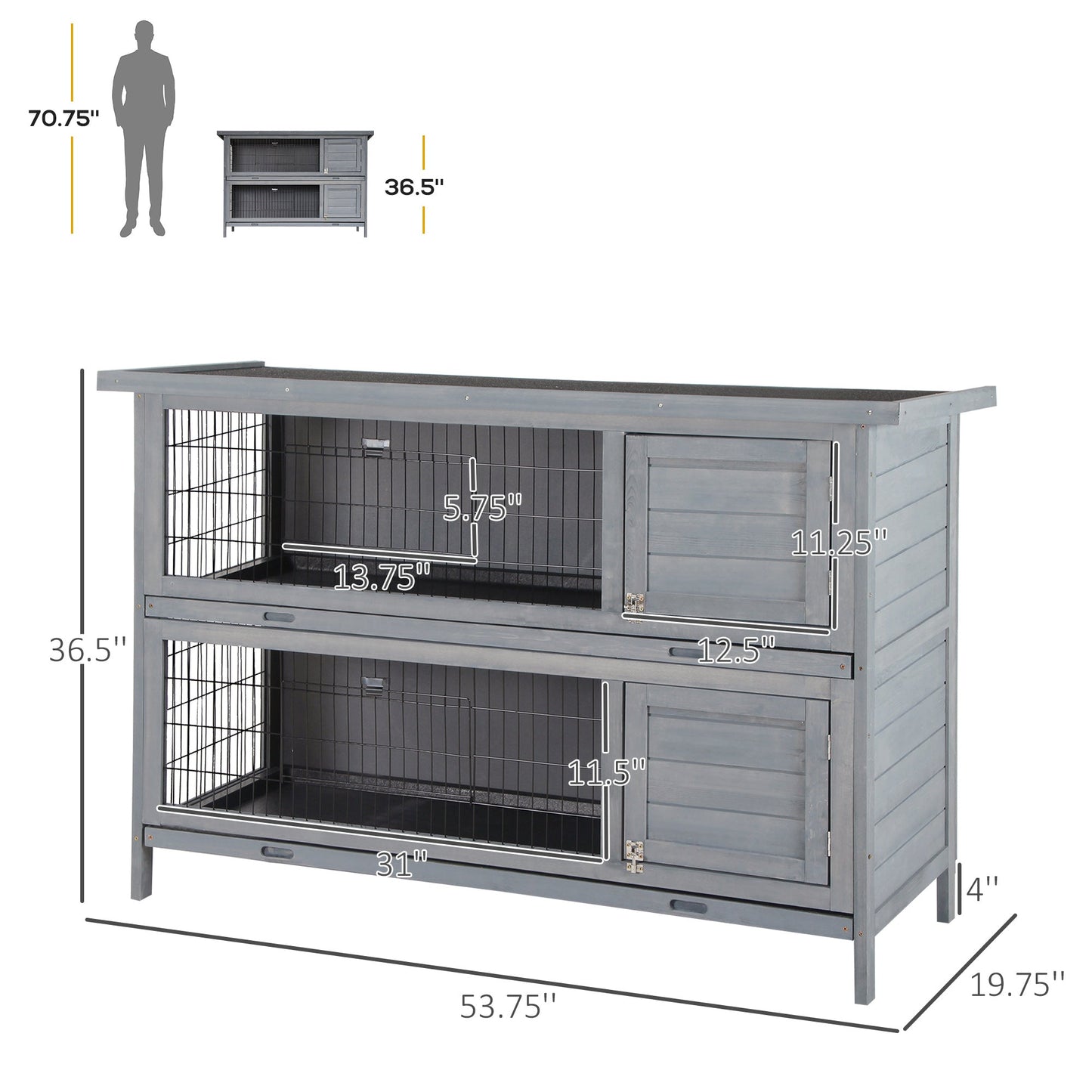 -PawHut 54" 2-Story Large Rabbit Hutch Bunny Cage, Wooden Pet House with Lockable Doors, No Leak Tray and waterproof Roof for Outdoor/Indoor, Gray - Outdoor Style Company