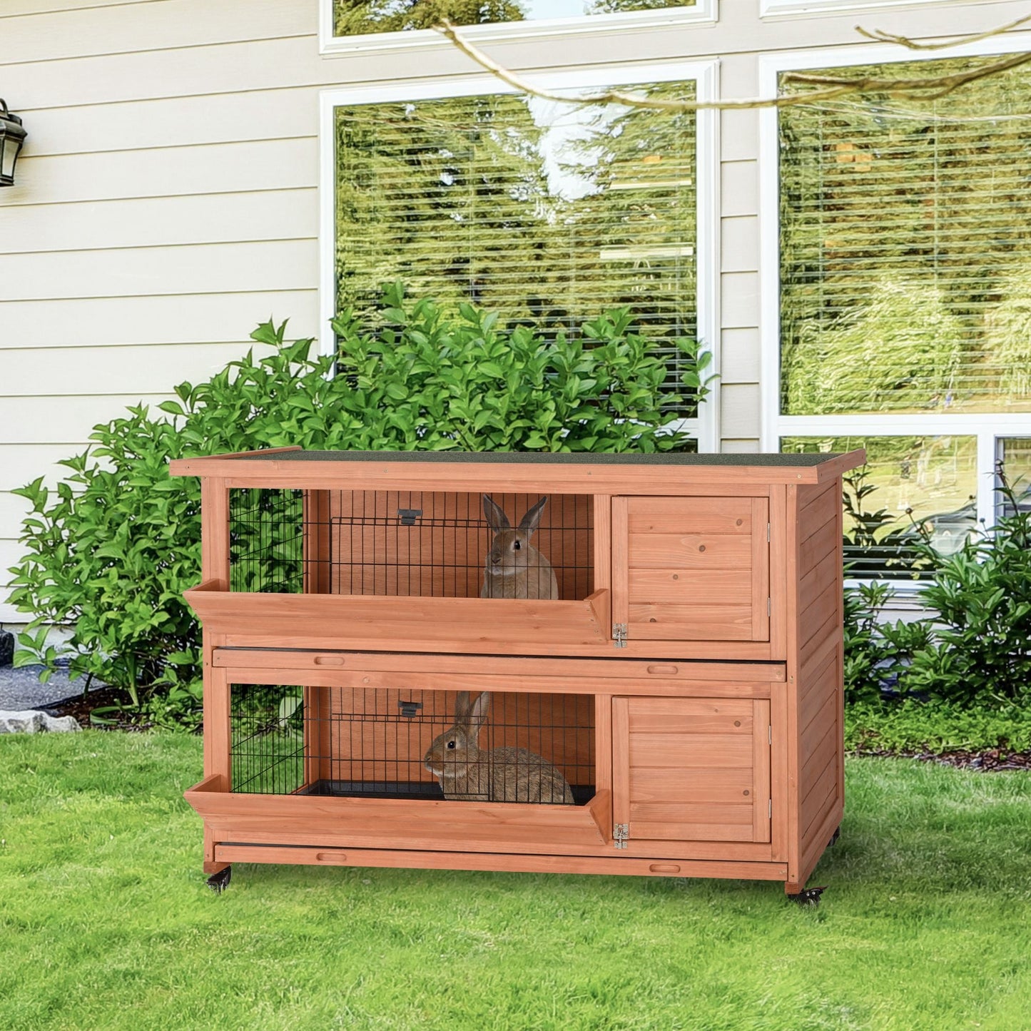 -PawHut 54" 2-Story Rabbit Hutch Indoor Bunny Hutch Outdoor Small Animal House with Pull Out Tray, Wheels, Feeding Troughs - Outdoor Style Company