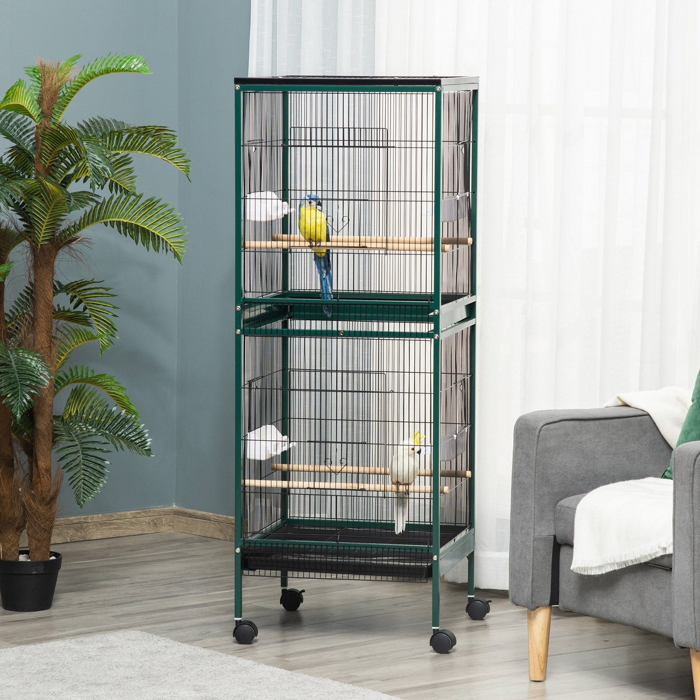 -PawHut 55" 2 In 1 Large Bird Cage Aviary Parakeet House for finches, budgies with Wheels, Slide-out Trays, Wood Perch, Food Containers, Green - Outdoor Style Company