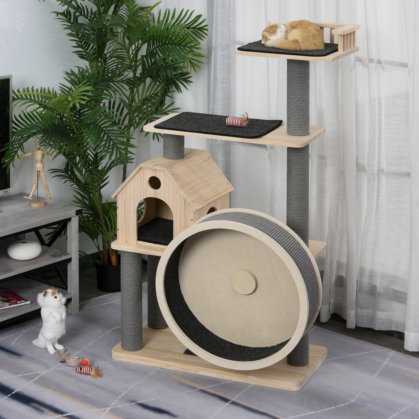 -PawHut 58.25" Luxury Pine Wood Cat Tree Activity Center with Sisal Scratching Posts Board Perches Roomy Condo Carpet Cushion Rotating Runner Natural - Outdoor Style Company