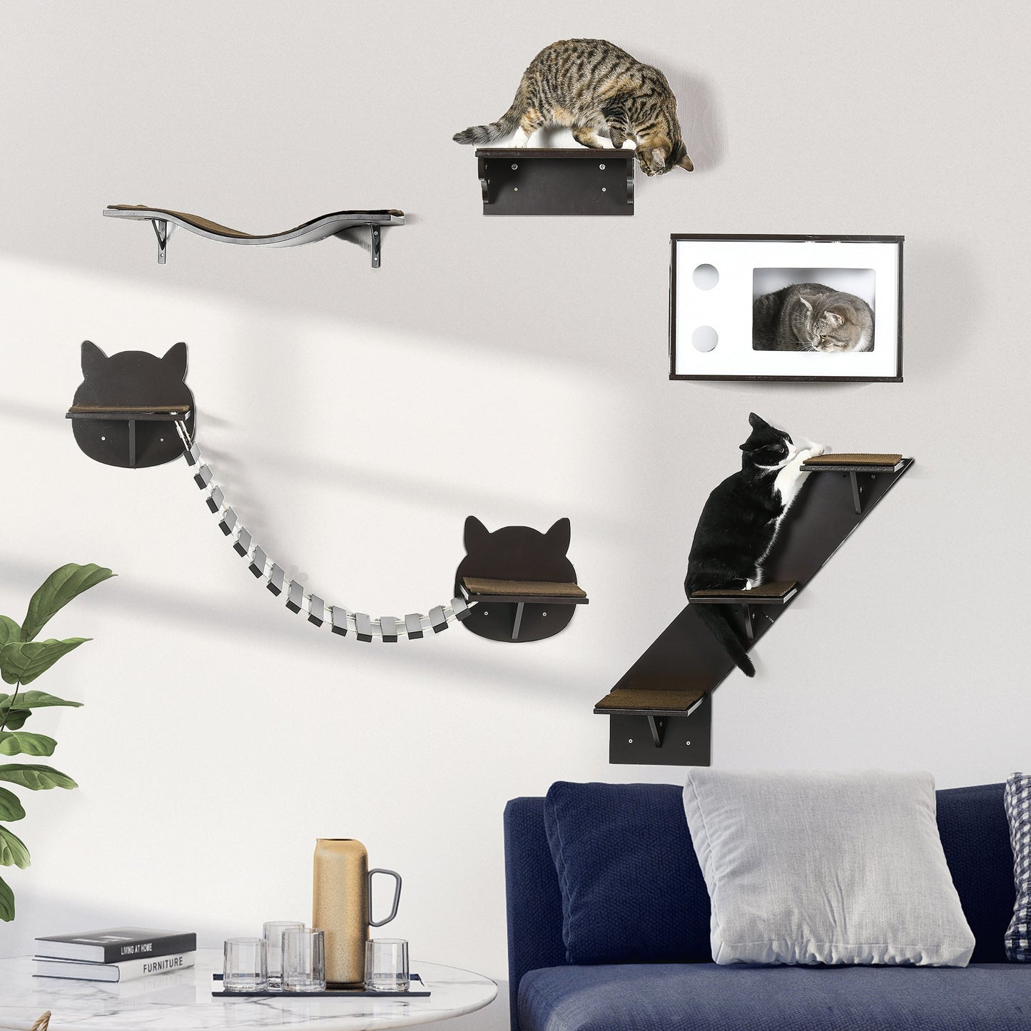 -PawHut 5PCs Cat Wall Shelves, Cat Wall-mounted Shelf Set with Cushion Condo Jumping Platform Ladder Brown - Outdoor Style Company