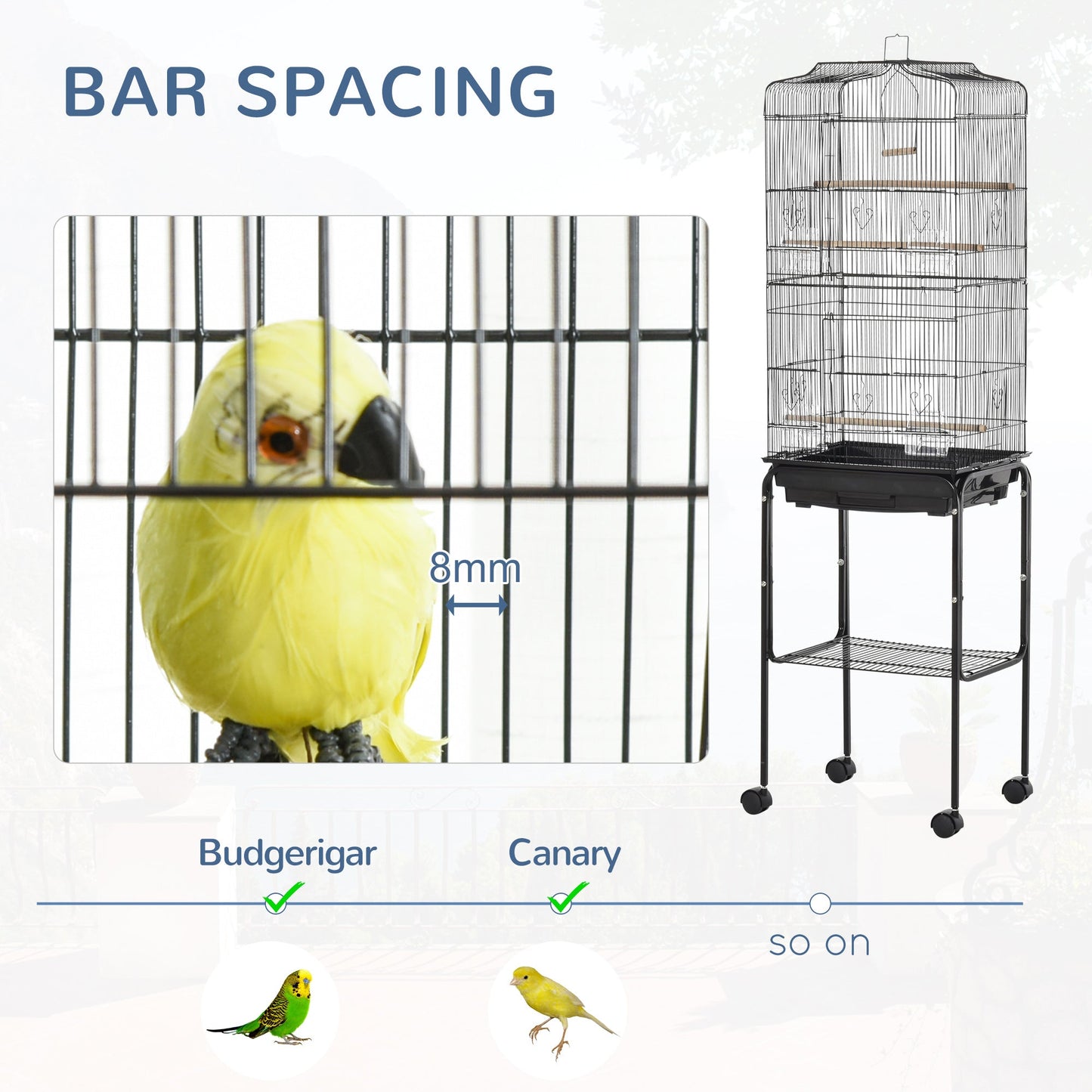 -PawHut 62" Metal Indoor Bird Cage Starter Kit With Detachable Rolling Stand, Storage Basket, And Accessories, Black - Outdoor Style Company