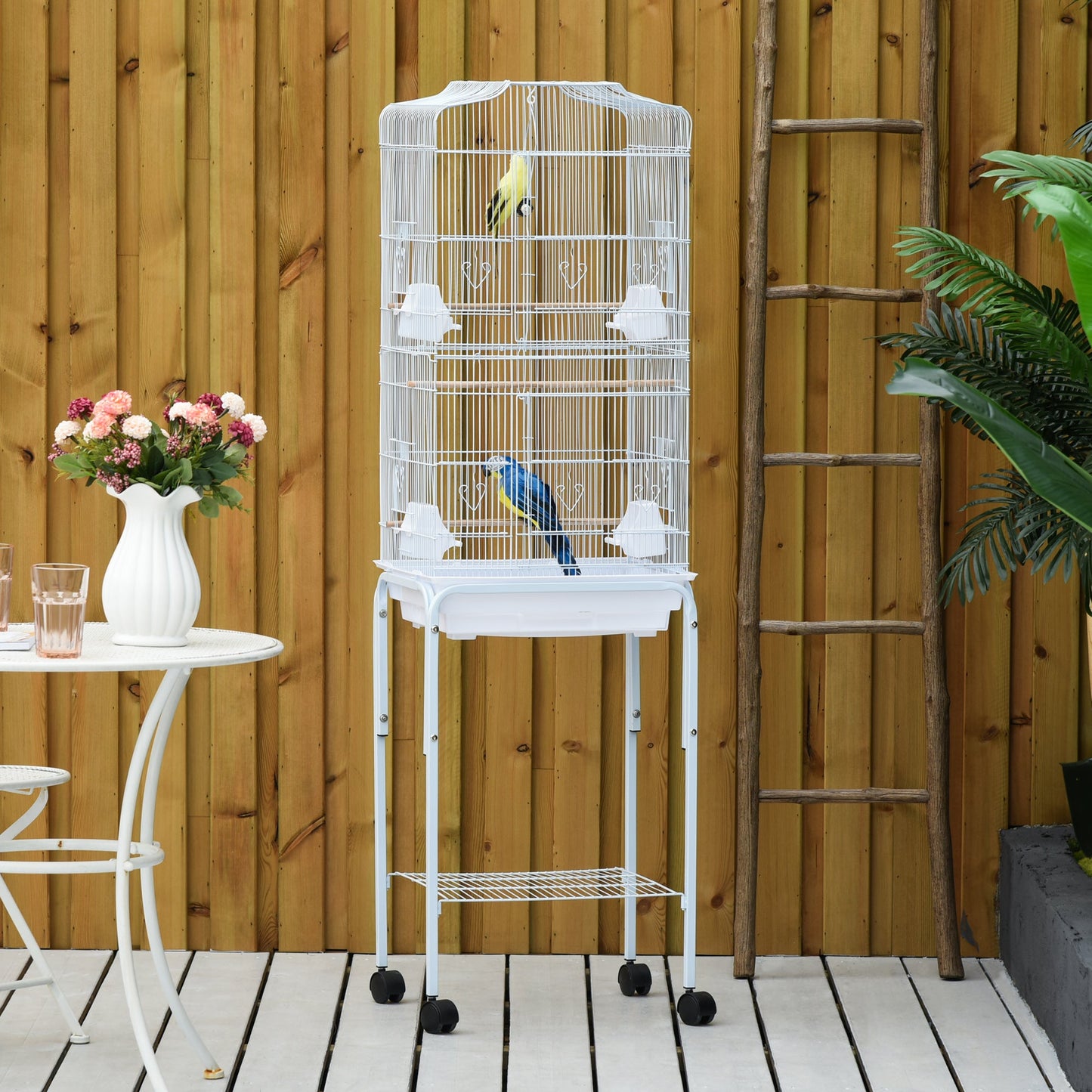 -PawHut 63" Large Bird Cage with Shelf, Handle, Metal Parrot Cage with Big Doors, White - Outdoor Style Company