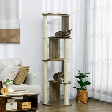 '-PawHut 65" Multi-Lever Cat Climbing Tree, Tall Cat Tower with Jute Scratching Posts, Four Mats, Elevated Perches, Cream White - Outdoor Style Company