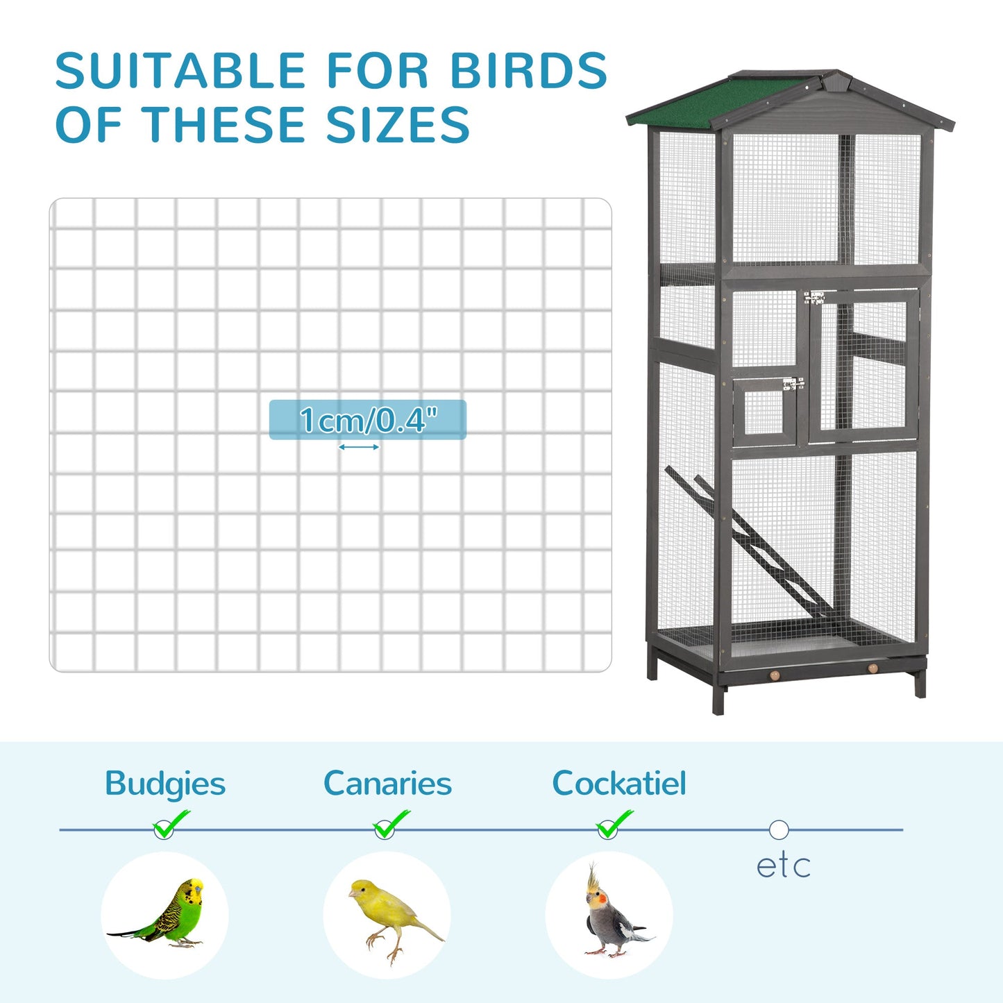 -PawHut 65" Wooden Bird Cages Outdoor Finches Aviary Birdcage with Pull Out Tray 2 Doors, Grey - Outdoor Style Company