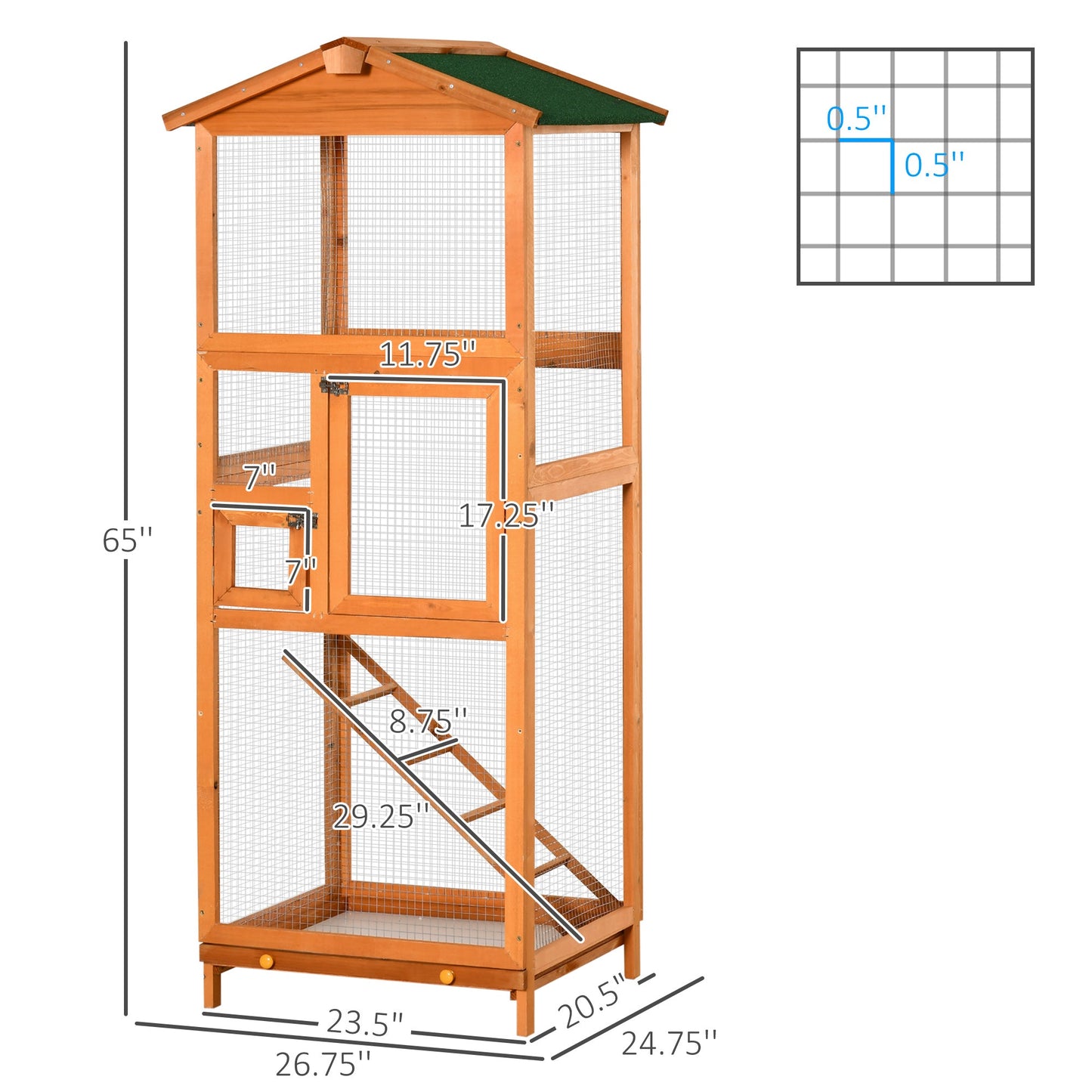 -PawHut 65" Wooden Large Bird Cage, Outdoor Aviary Bird Cage with Pull Out Tray 2 Doors, Orange - Outdoor Style Company