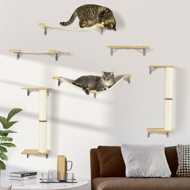 -PawHut 6PCs Cat Wall Shelves Pet Wall-mounted Climbing Shelf Set with Scratching Posts Jumping Platforms Ladder Oak - Outdoor Style Company