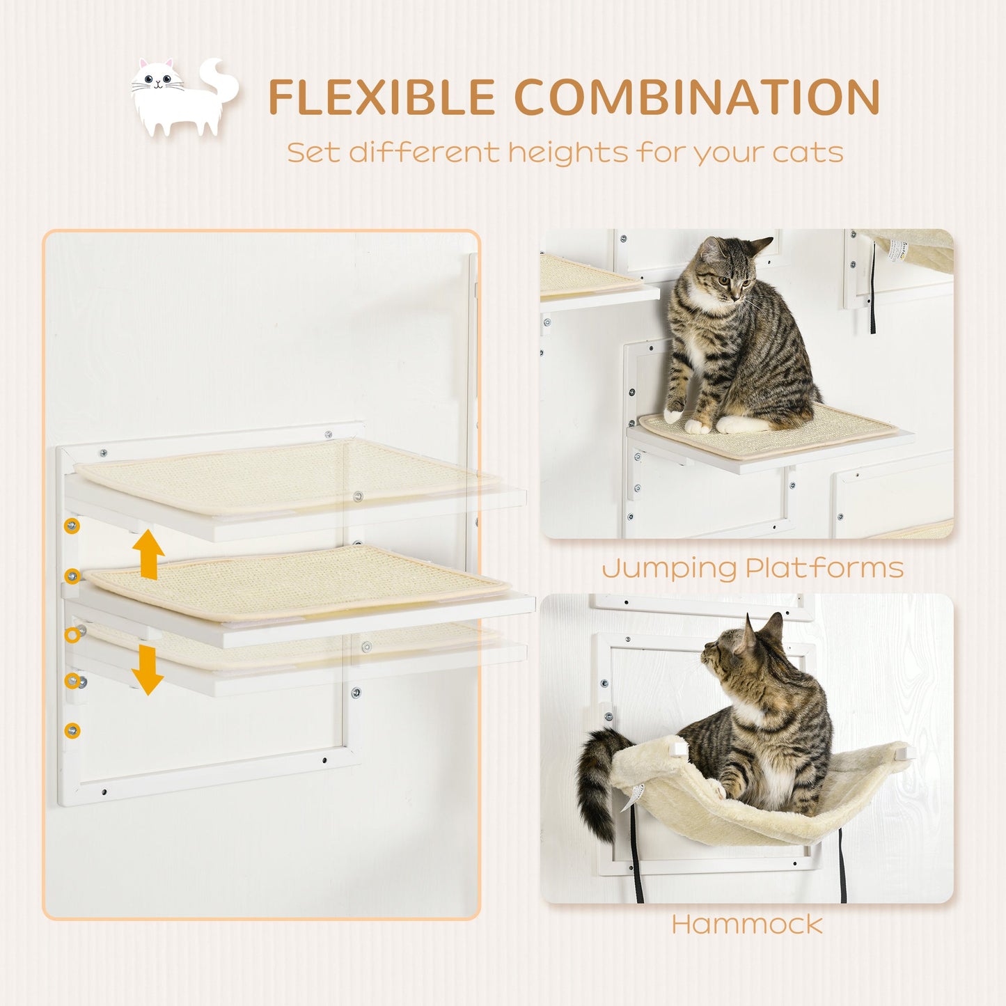 -PawHut 6PCs Modern Cat Wall Shelves, Steel Wall-mounted Climbing Shelf Set, Height Adjustable Kitten Activity Center with Jumping Platform, Cream - Outdoor Style Company