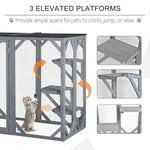 -PawHut 71" x 32" Wooden Outdoor Cat House with Asphalt Roof, 3 Platforms, Large Catio Kitten Enclosure Indoor, Grey - Outdoor Style Company