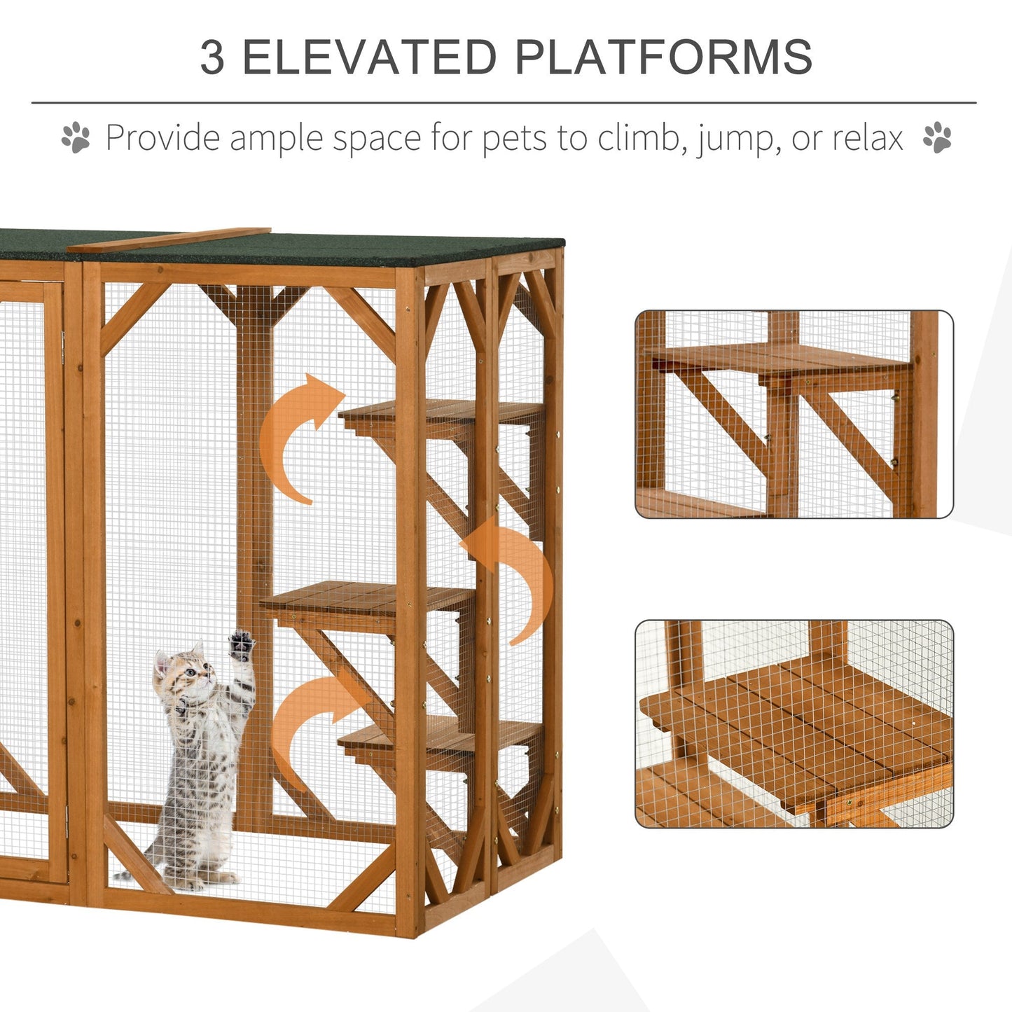 -PawHut 71"L Wooden Outdoor Cat Enclosure Indoor Cat Cage with Asphalt Roof, Multi-Level Platforms and Large Enter Door , Orange - Outdoor Style Company