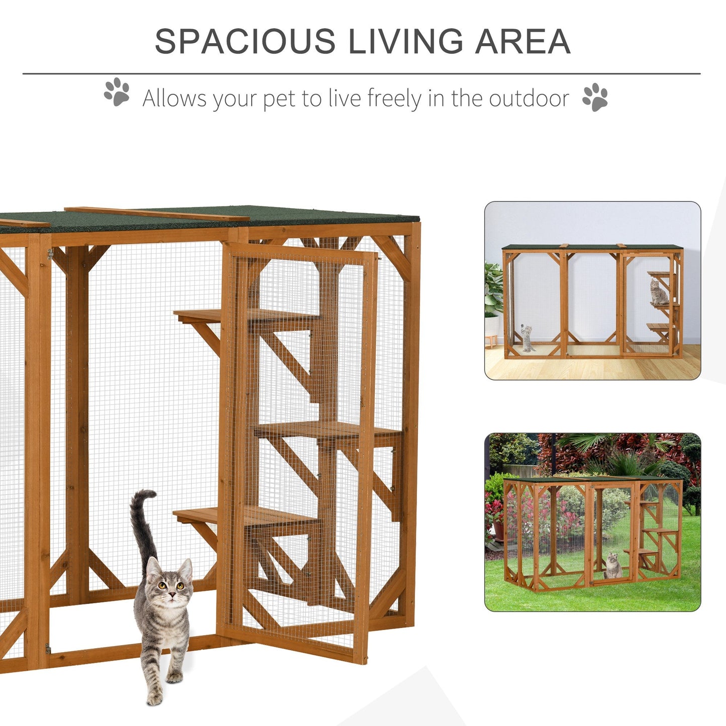 -PawHut 71"L Wooden Outdoor Cat Enclosure Indoor Cat Cage with Asphalt Roof, Multi-Level Platforms and Large Enter Door , Orange - Outdoor Style Company