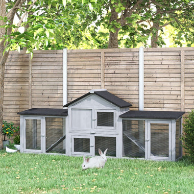-PawHut 83" Wooden Rabbit Hutch Large Bunny Hutch House with Double Run, Removable Tray and Waterproof Roof for Outdoor, Grey - Outdoor Style Company