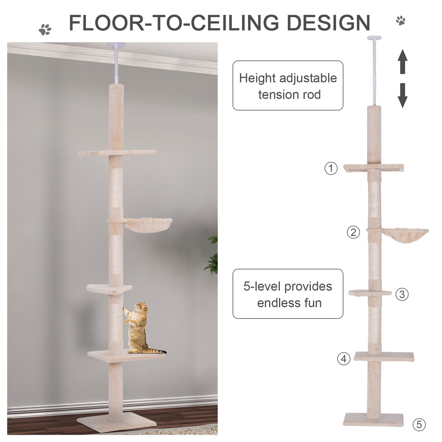 -PawHut 8.5' Vertical Cat Tree Adjustable Height Floor-To-Ceiling with 5 Carpeted Platforms & 3 Sisal Rope Scratching Areas Beige - Outdoor Style Company