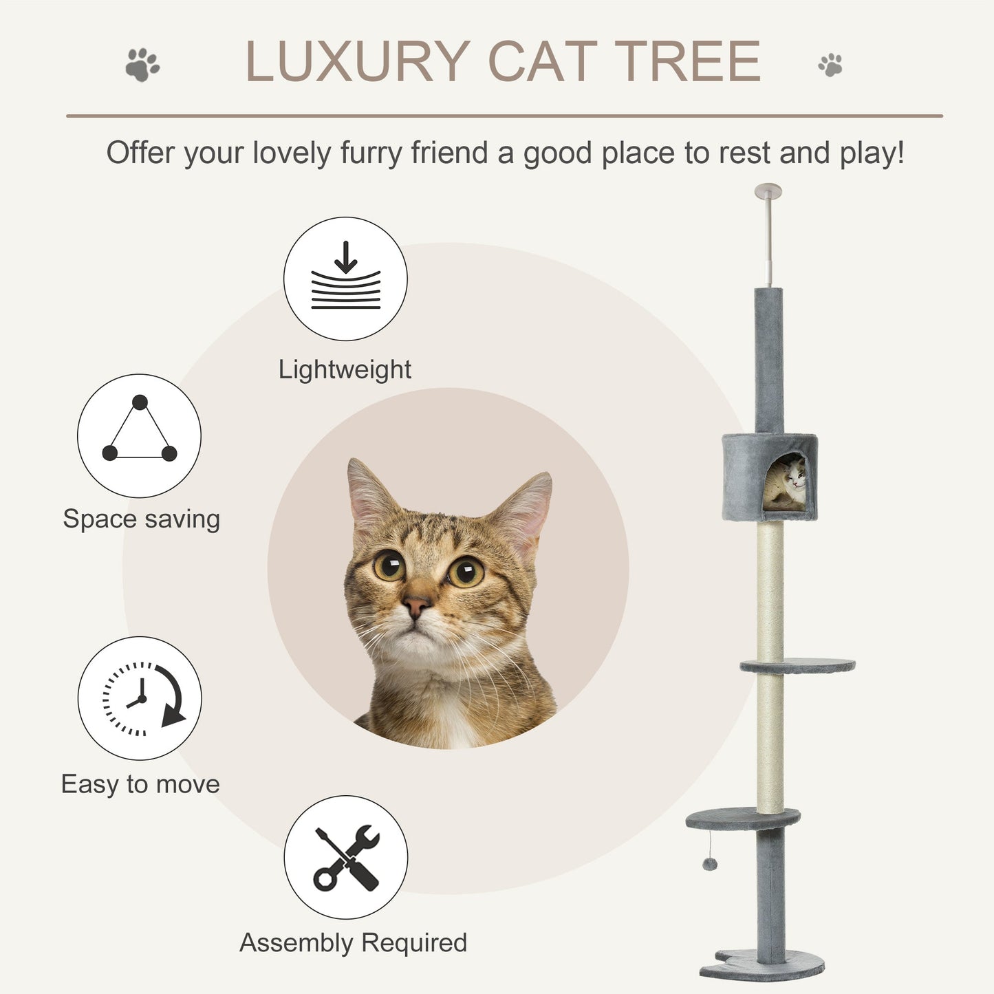 -PawHut 85.5" Cat Tree Height Adjustable Floor-to-Ceiling 4-Tier Kitty Climbing Activity Center Condo with Scratching Post Hanging Balls Rest, Grey - Outdoor Style Company