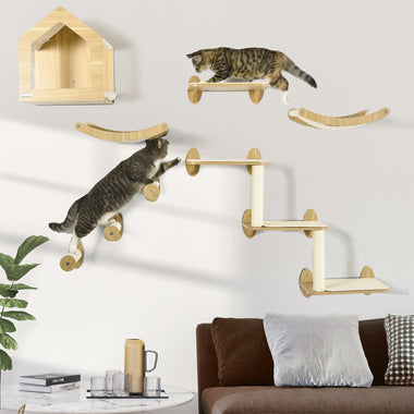 -PawHut 8PCs Cat Wall Shelves Pet Wall-mounted Climbing Shelf Set with Cushion Condo Scratching Posts Hammock Oak - Outdoor Style Company