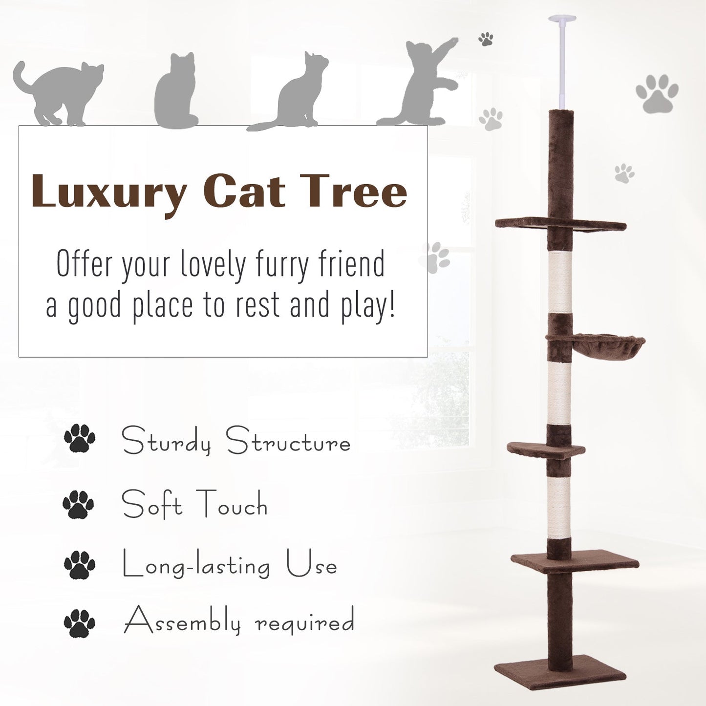 -PawHut 9' Modern Cat Tree Adjustable Height Floor-To-Ceiling Vertical Cat Tree - Brown and White - Outdoor Style Company