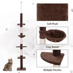 -PawHut 9' Modern Cat Tree Adjustable Height Floor-To-Ceiling Vertical Cat Tree - Brown and White - Outdoor Style Company