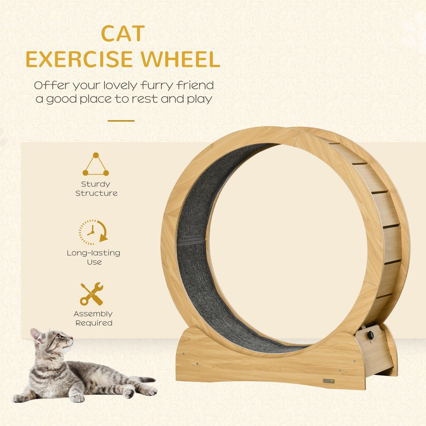 -PawHut Cat Exercise Wheel with Carpet Runway, Cat fitness Wheel with Brake Cat Tower Pet Furniture for Kittens Natural - Outdoor Style Company