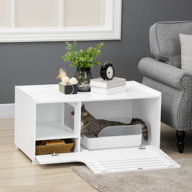 -PawHut Cat Hidden Litter Box Enclosure Side Table, Cat Washroom Storage with Spacious Space, Large Front Door with Hinges, Elevated Bottom, White - Outdoor Style Company