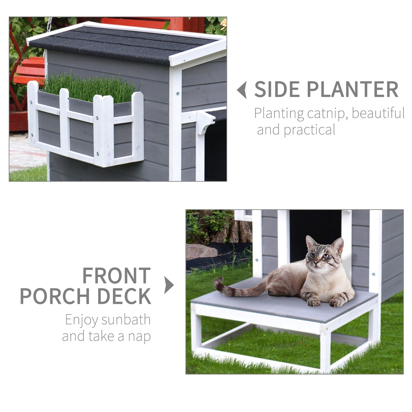 -PawHut Cat House Feral Cat Shelter, Outdoor Kitten Condo with Escape Door, Porch & Flower Stand for Indoor Outdoor, Dark Grey/White - Outdoor Style Company