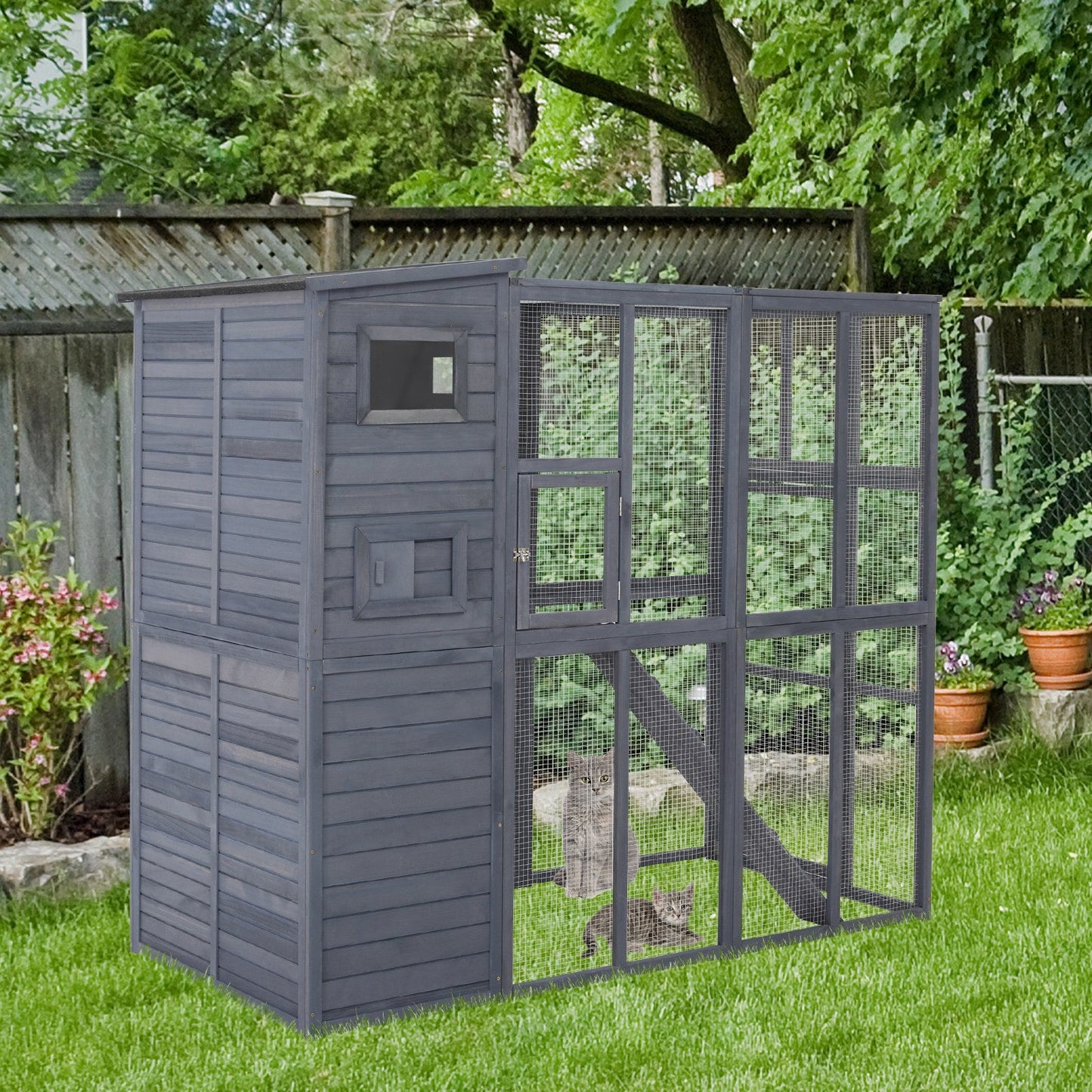 -PawHut Cat House Outdoor Catio Kitty Enclosure with Platforms Run Lockable Doors and Asphalt Roof, 77" x 37" x 69", Grey - Outdoor Style Company