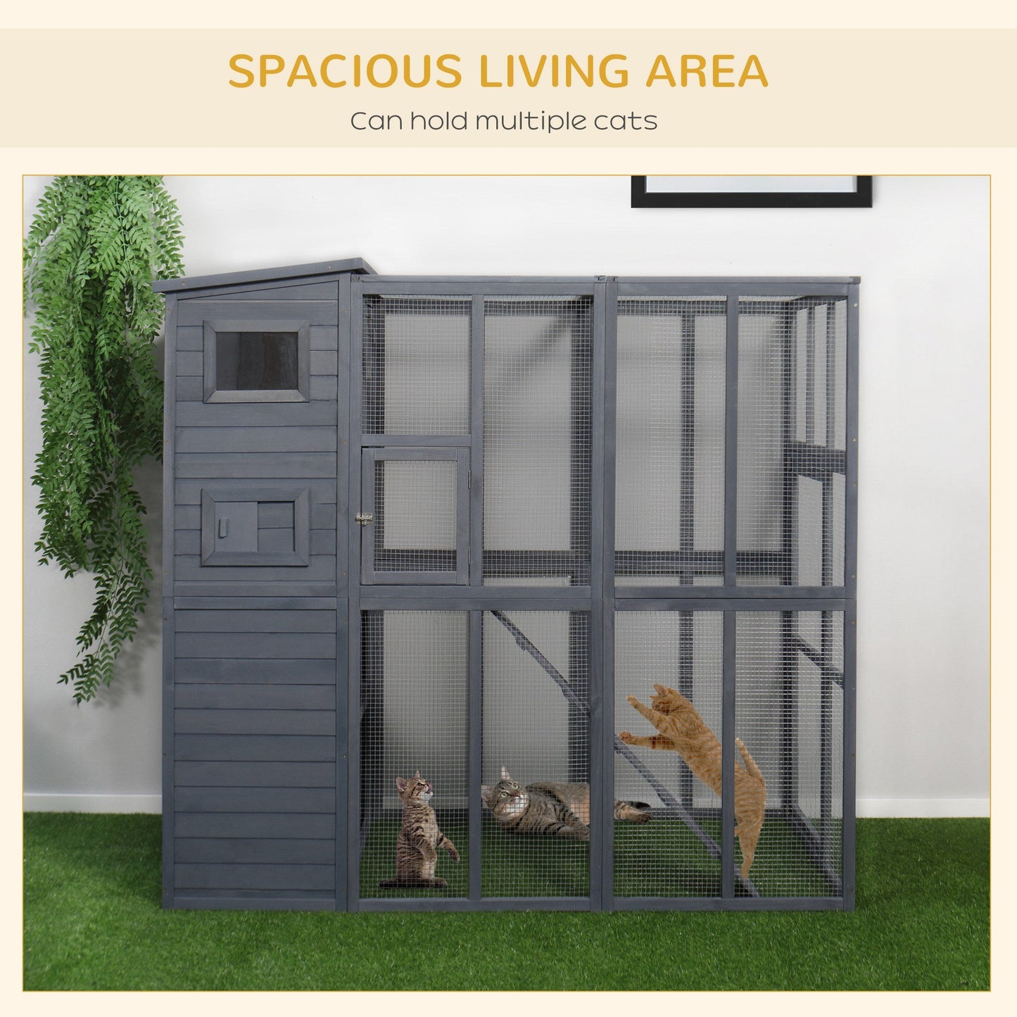 -PawHut Cat House Outdoor Catio Kitty Enclosure with Platforms Run Lockable Doors and Asphalt Roof, 77" x 37" x 69", Grey - Outdoor Style Company