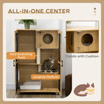-PawHut Cat House with Cat Tree Inside, Kitty Cage with Scratching Posts, Condo, Pet Enclosure with Lockable Wheels, Flap Door, Cushion, Oak - Outdoor Style Company