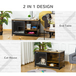 -PawHut Cat Kennel, Wood & Steel End Table Style with Cushion & Sliding Doors, Pet Kitten Crate, Elevated Indoor Small Animal Cage, Rustic Brown - Outdoor Style Company
