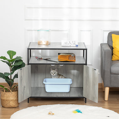 -PawHut Cat Litter Box Enclosure Hidden Cat Furniture Cabinet Indoor Cat Washroom Double-door Nightstand End Table with Cat Hole Storage Shelf Grey - Outdoor Style Company