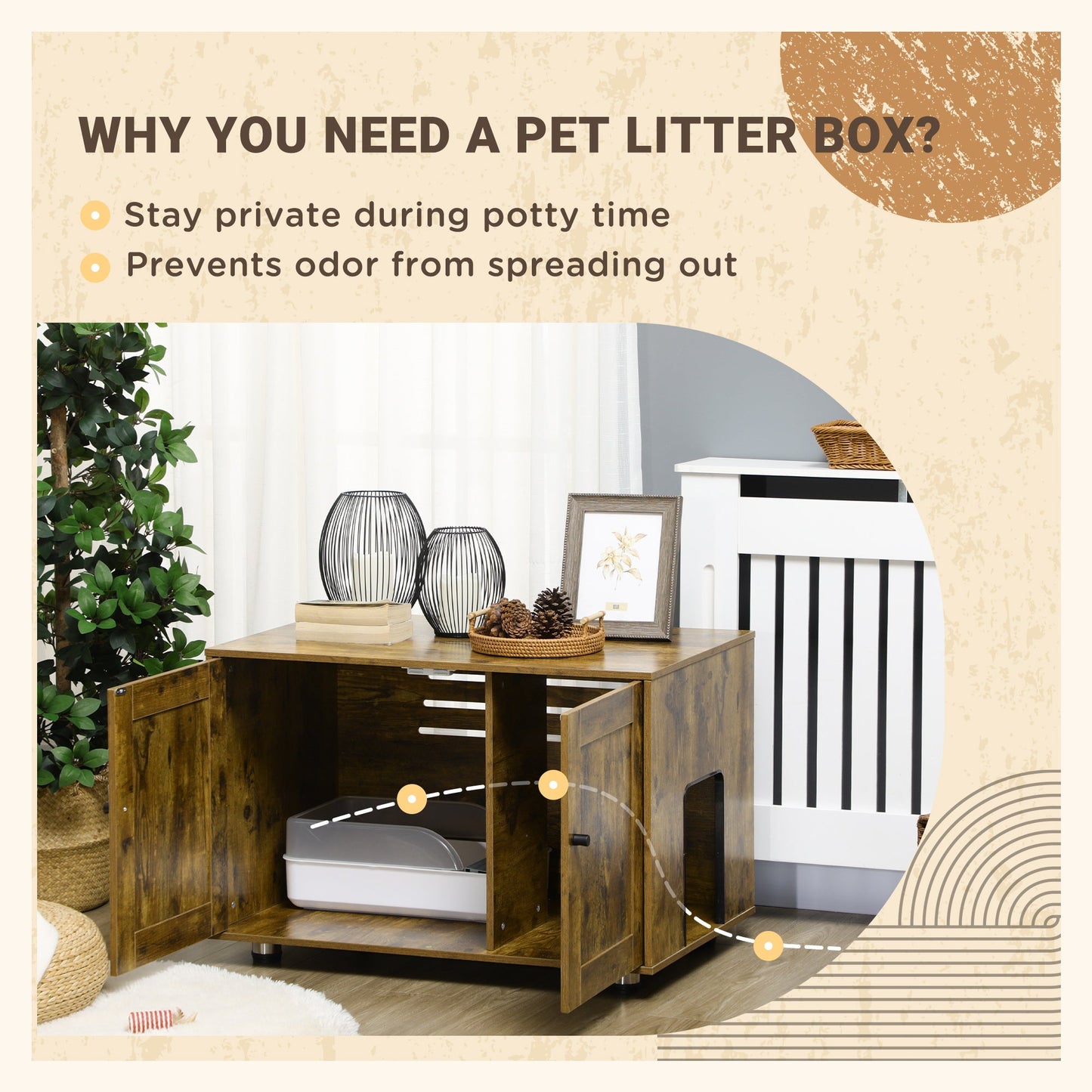 -PawHut Cat Litter Box Enclosure with Double Doors, Divider, Cat Little Furniture, Rustic Brown - Outdoor Style Company