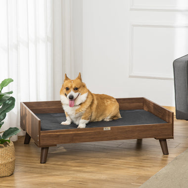 -PawHut Elevated Dog Bed, Wooden Pet Sofa Raised Dog Couch with Soft Cushion, Removable Washable Cover for Large Dogs and Cats, Brown and Black - Outdoor Style Company