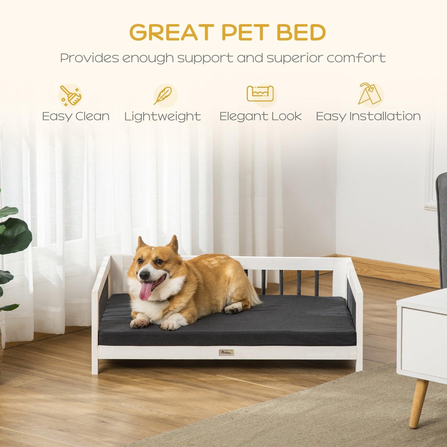 '-PawHut Elevated Dog Bed, Wooden Raised Pet Sofa, Portable Cat Lounge with Soft Cushion, Washable Cover for Small, Medium Dogs and Cats, White Black - Outdoor Style Company