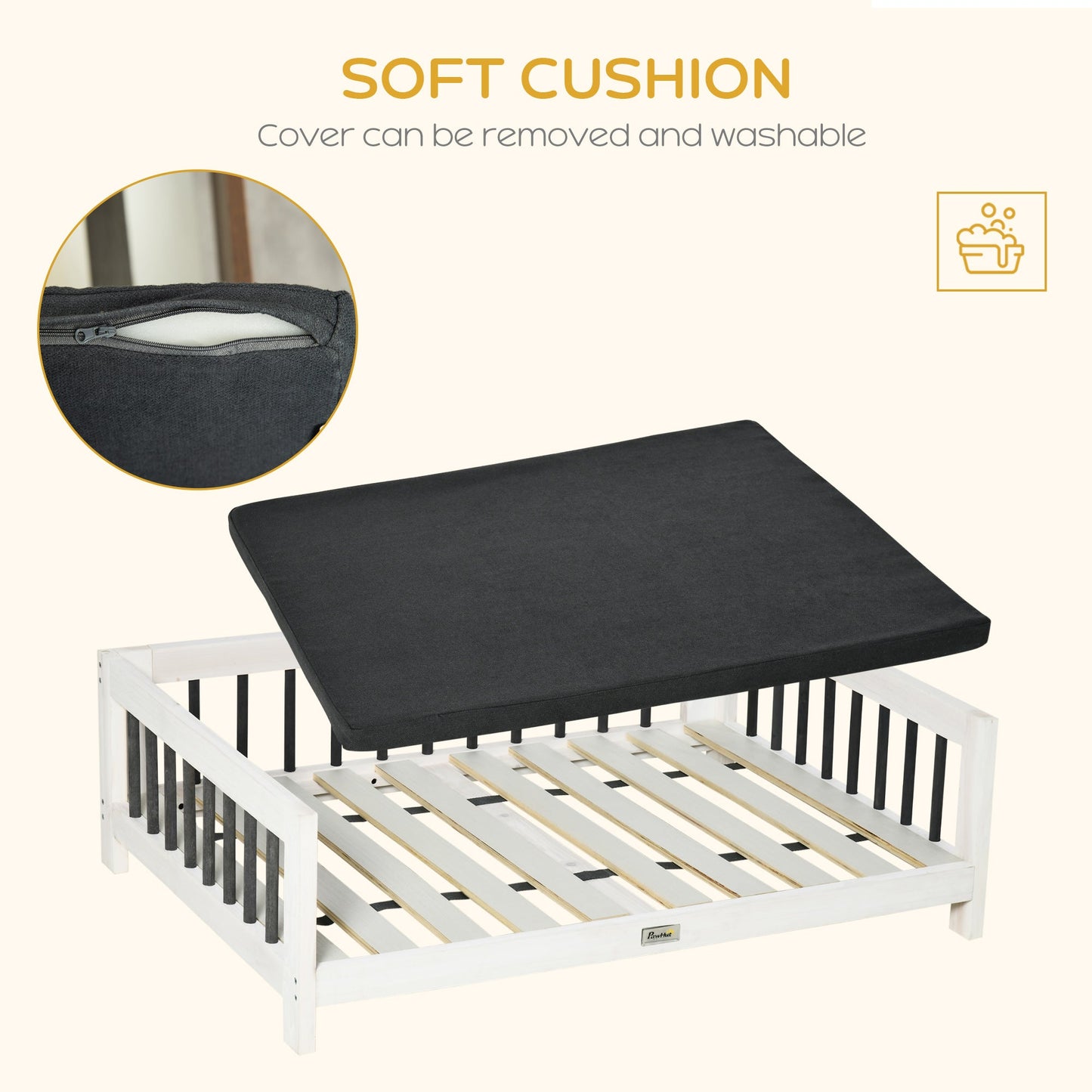 -PawHut Elevated Dog Bed, Wooden Raised Pet Sofa, Portable Cat Lounge with Soft Cushion, Washable Cover for Small, Medium Dogs and Cats, White Black - Outdoor Style Company