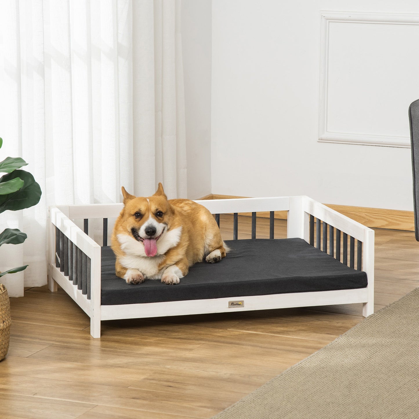 -PawHut Elevated Dog Bed, Wooden Raised Pet Sofa, Portable Cat Lounge with Soft Cushion, Washable Cover for Small, Medium Dogs and Cats, White Black - Outdoor Style Company