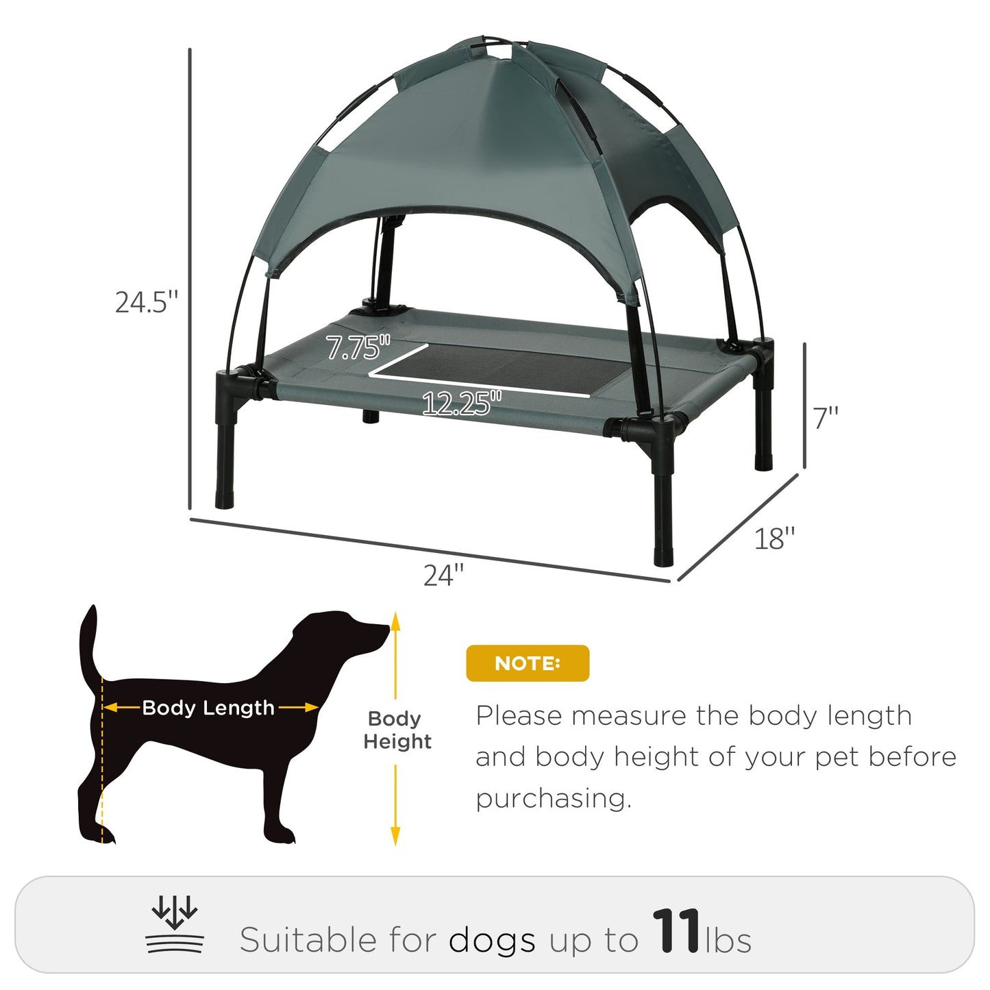 -PawHut Elevated Portable Dog Cot Cooling Pet Bed With UV Protection Canopy Shade, 24 inch, Grey/Black - Outdoor Style Company