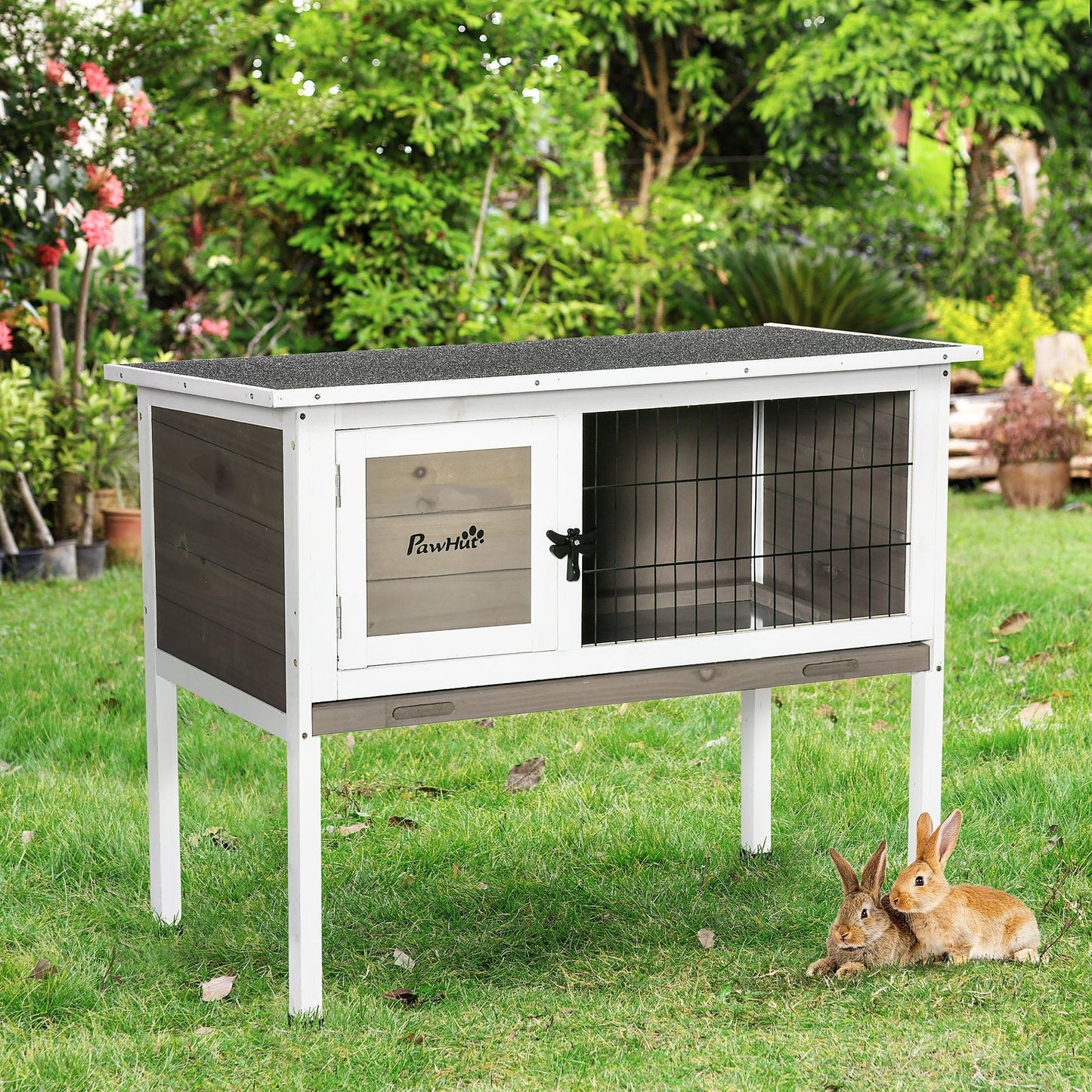 -PawHut Elevated Rabbit Hutch Bunny Hutch with Hinged Asphalt Roof, Removable Tray, Fir Wood Bunny Cage for Indoor/Outdoor, Brown - Outdoor Style Company