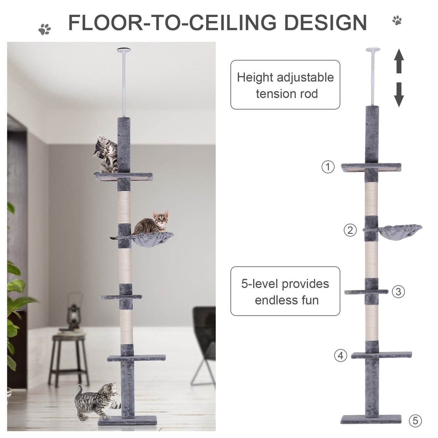 -Pawhut Floor To Ceiling Cat Tree 8.5' Adjustable Height Vertical Cat Tree With 5 Carpeted Platforms & 3 Sisal Rope Scratching Areas Grey - Outdoor Style Company