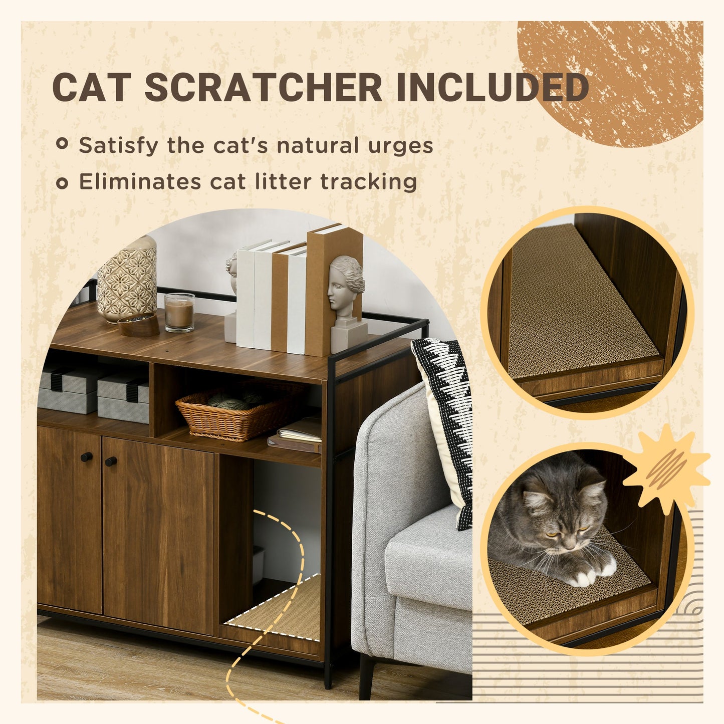 -PawHut Hidden Cat Litter Box Funirure with Scratching Pad, Cat Washroom Storage Bench Side End Table with Double Doors, Brown - Outdoor Style Company