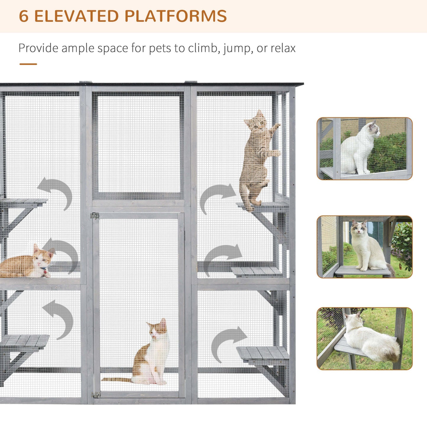 -PawHut Large Wooden Outdoor Cat House Catio Enclosure, Kitten Cage with Weather Protection, Cat Patio with 6 Platforms - 71"L, Grey - Outdoor Style Company