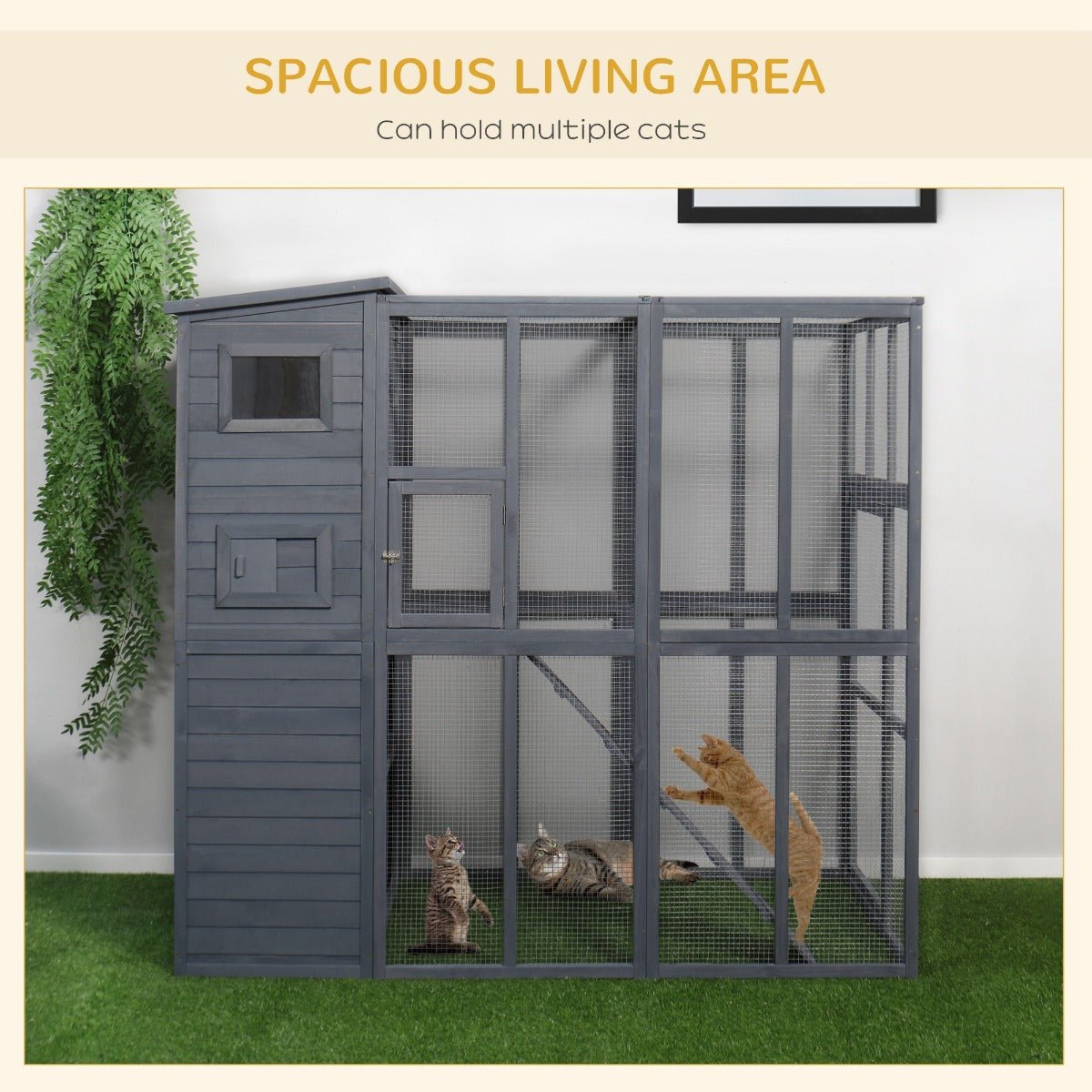-PawHut Large Wooden Outdoor Cat House with Large Run for Play Catio for Lounging and Condo Area for Sleeping Grey - Outdoor Style Company